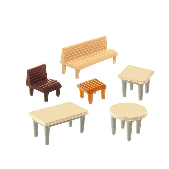 7 mesas, 24 sillas y 12 bancos: Farrer kit sin pintar N (1:160) 272440
