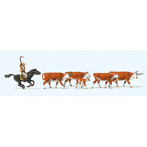 Longhorns and cowboys on horseback: Preiser - painted HO (1:87) 10159