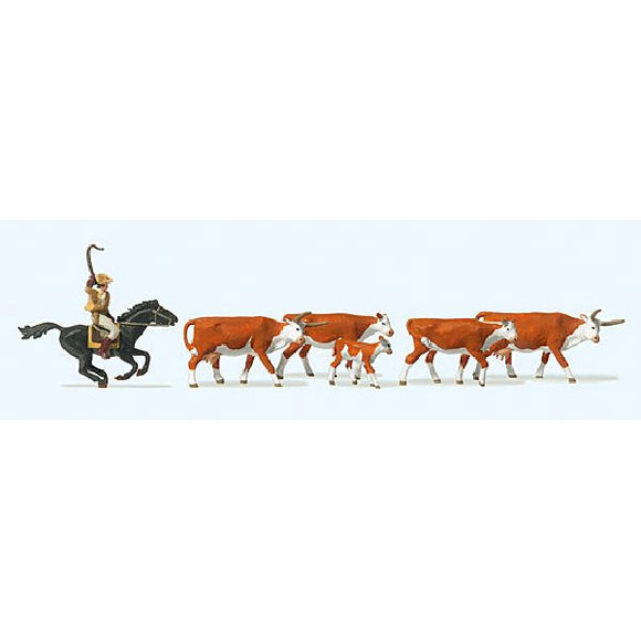 Longhorns and cowboys on horseback: Preiser - painted HO (1:87) 10159