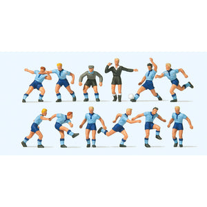 足球队和裁判（浅蓝色衬衫，深蓝色长裤）：Preiser - Painted HO (1:87) 10756
