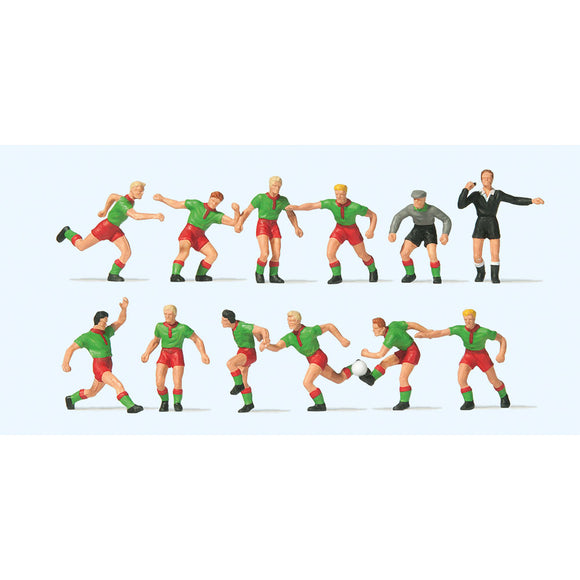 Equipo de fútbol y árbitro (camiseta verde, pantalón rojo): Preiser - pintado HO (1:87) 10757