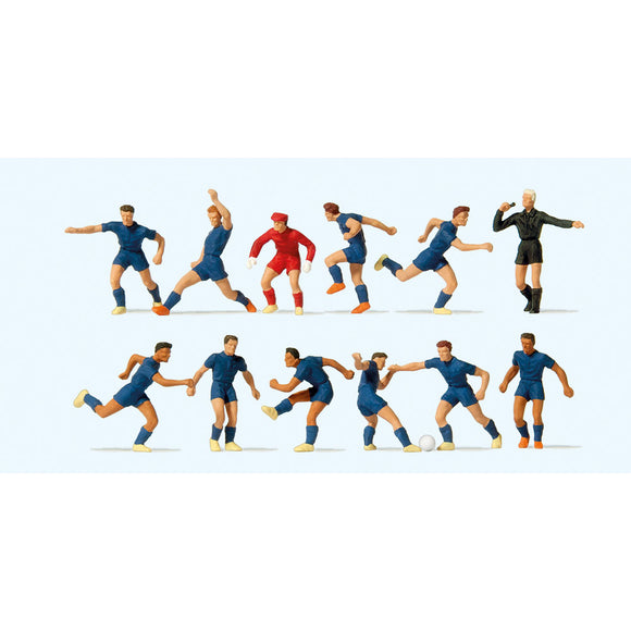 Equipo de fútbol y árbitro (camisa azul, pantalón azul): Preiser - pintado HO(1:87) 10759