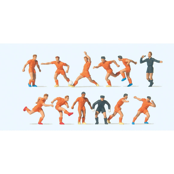 Equipo de fútbol y árbitro (camiseta naranja, pantalón naranja): Preiser - pintado HO (1:87) 10761