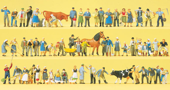 Farmers, animals, 60 figures : Preiser, painted, HO (1:87) 13001