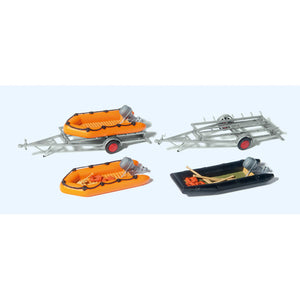 3 rubber boats and 2 trailers: Preiser unpainted kit HO (1:87) 17312
