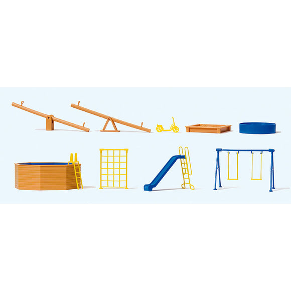 Playground equipment set (swings, seesaw, slide, pool, etc.): Preiser unpainted kit HO(1:87) 17351