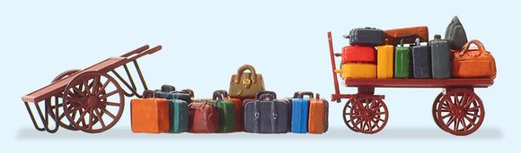 2 vagones (1 vagón con equipaje fijo, 1 vagón sin equipaje) 15 piezas de equipaje: Preiser, pintado completo HO(1:87) 17705