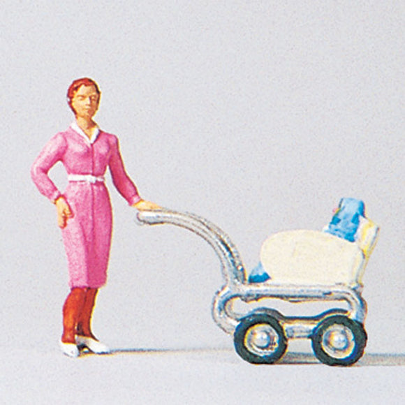 Woman Pushing Stroller : Preiser - Painted HO(1:87) 28037