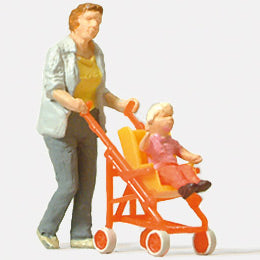 Mujer empujando un cochecito con un niño dentro : Preiser - Acabado pintado HO(1:87) 28079