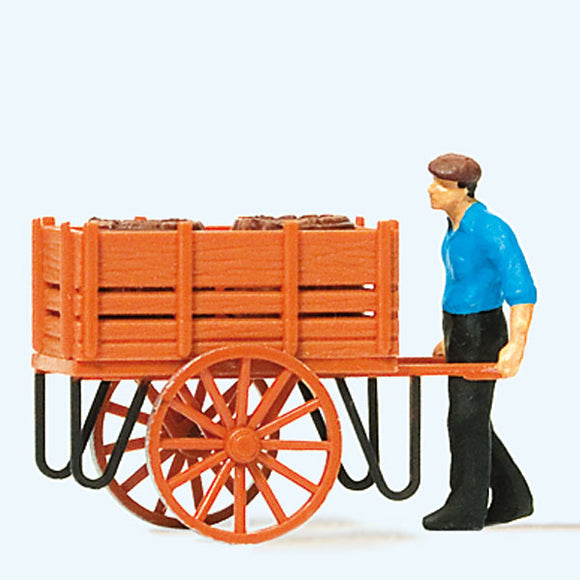 Man pushing a cart with wine barrels: Preiser, complete painted HO(1:87) 28131