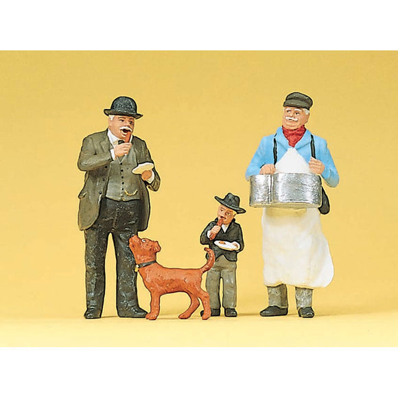 Vendedor de salchichas y cliente (con perro): Preiser, pintado 1:22,5 45059