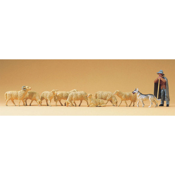 Oveja, pastor y perro pastor (perro de pastoreo): Preiser, pintado 1:43 65325