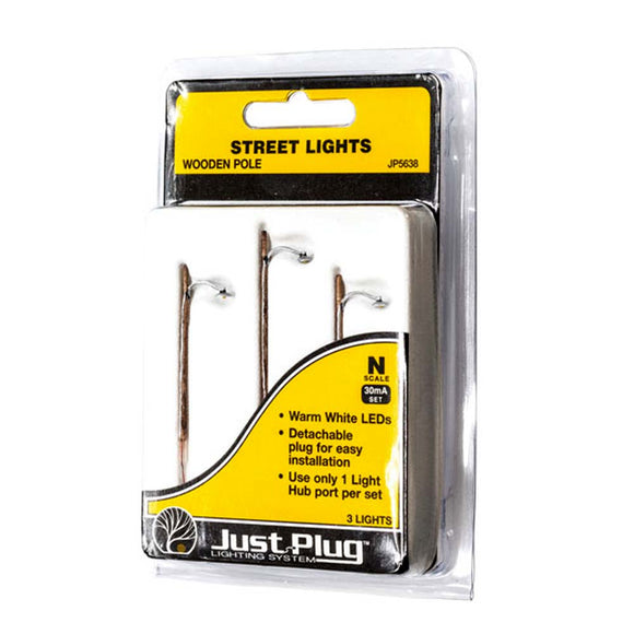 带 LED 的路灯，木杆型，N 尺寸，3 件套，JP5638：林地，涂漆即可使用，N (1:160) Just Plug 兼容尺寸