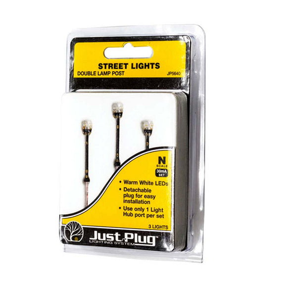 Street light with LED, iron pole double lamp, size N, set of 3, JP5640: Woodland, painted and ready to use, N (1:160), Just Plug compatible