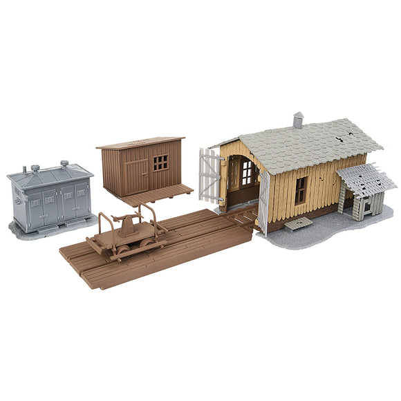 Trackside tool building, trolley shed, man-powered trolley, warehouse and substation: Walthers unpainted kit HO (1:87) 909